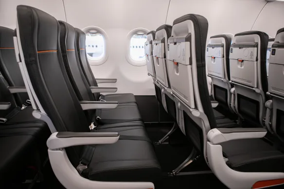 Jetstar A321LR Economy cabin showing Recaro R2 slimline seats in 3-3 layout with mood lighting