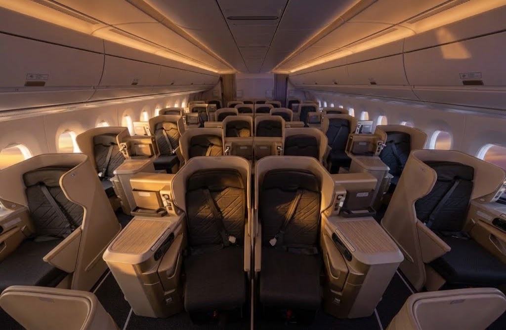 Korean Air Airbus A350-900 Prestige Class cabin under warm lighting, staggered 1-2-1 suites with cream shells and dark quilted seats