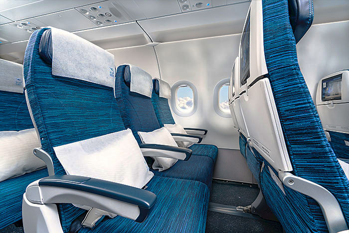 Kuwait Airways Airbus A321neo economy cabin in 3-3 layout with Collins Meridian slimline seats and seatback HD IFE