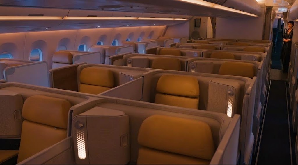 Kuwait Airways Airbus A330-900neo Business Class cabin, one-two-one pods with direct aisle access