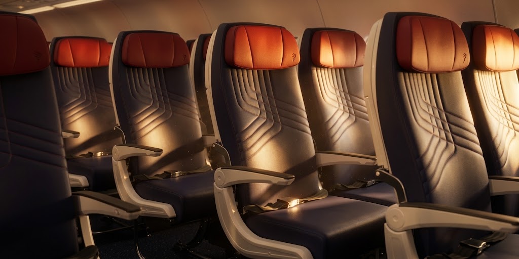 LATAM Airbus A319 economy row in dark blue with orange headrests, seen along the cabin