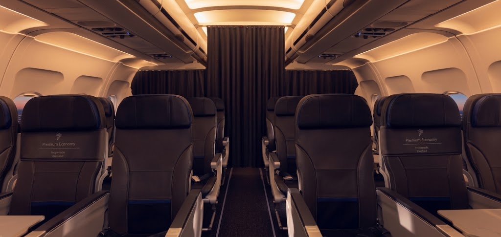 LATAM Airbus A320neo Premium Economy cabin, with the blocked centre seats marked on the seatback