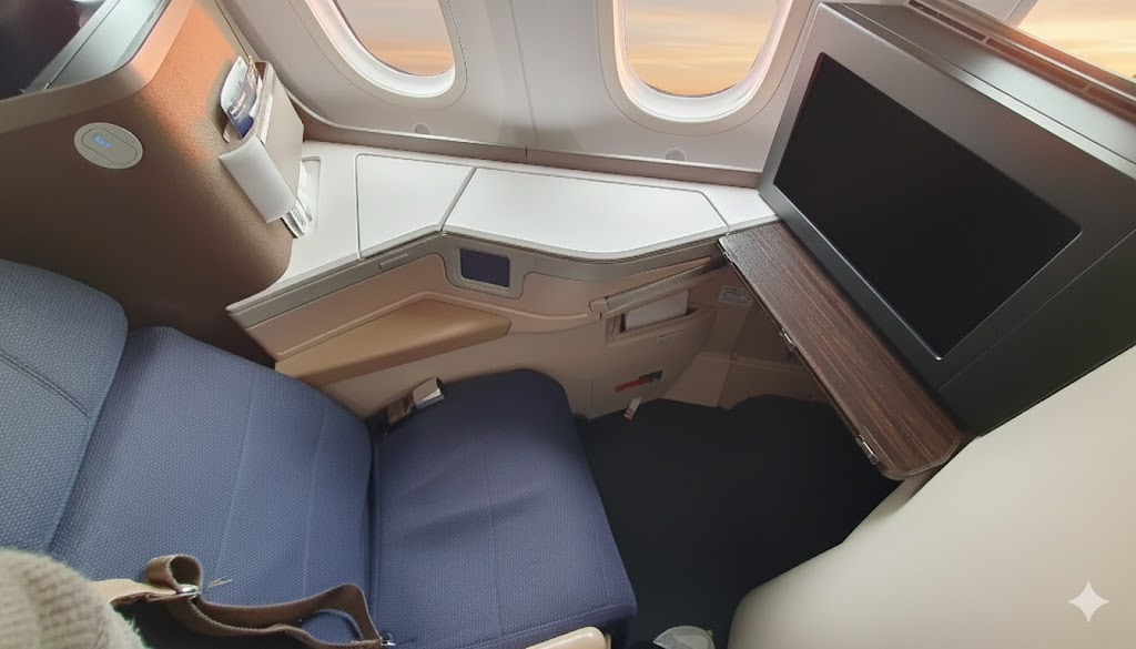 Lufthansa Boeing 787-9 Allegris Business Class suite with blue seats and wood accents