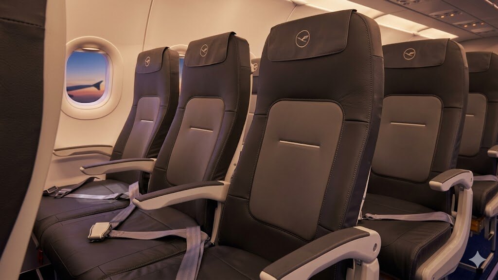 Lufthansa A321 economy cabin with dark grey leather seats and the crane logo on the headrests