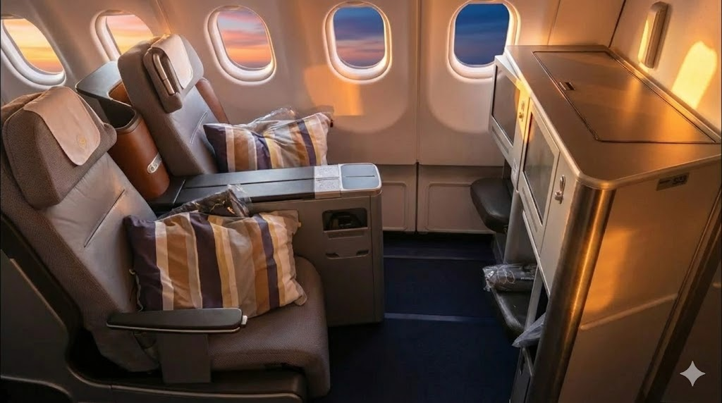 Lufthansa A330-300 Business Class cabin with 2-2-2 seating and striped pillows