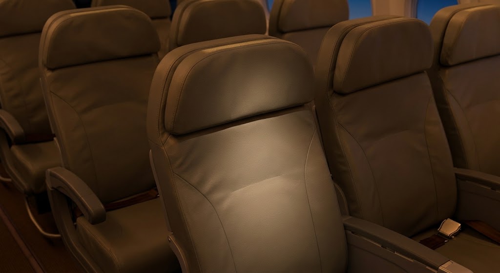 Philippine Airlines A321 cabin looking along rows of tan leather recliners toward the windows