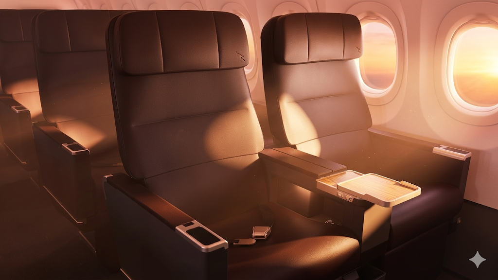 Qantas 737-800 Business Class cabin at sunset