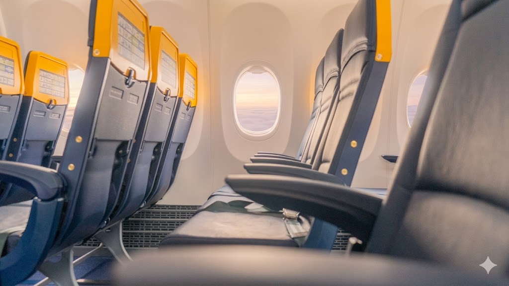 Ryanair Boeing 737 cabin interior with blue leather seats and yellow seatback trays