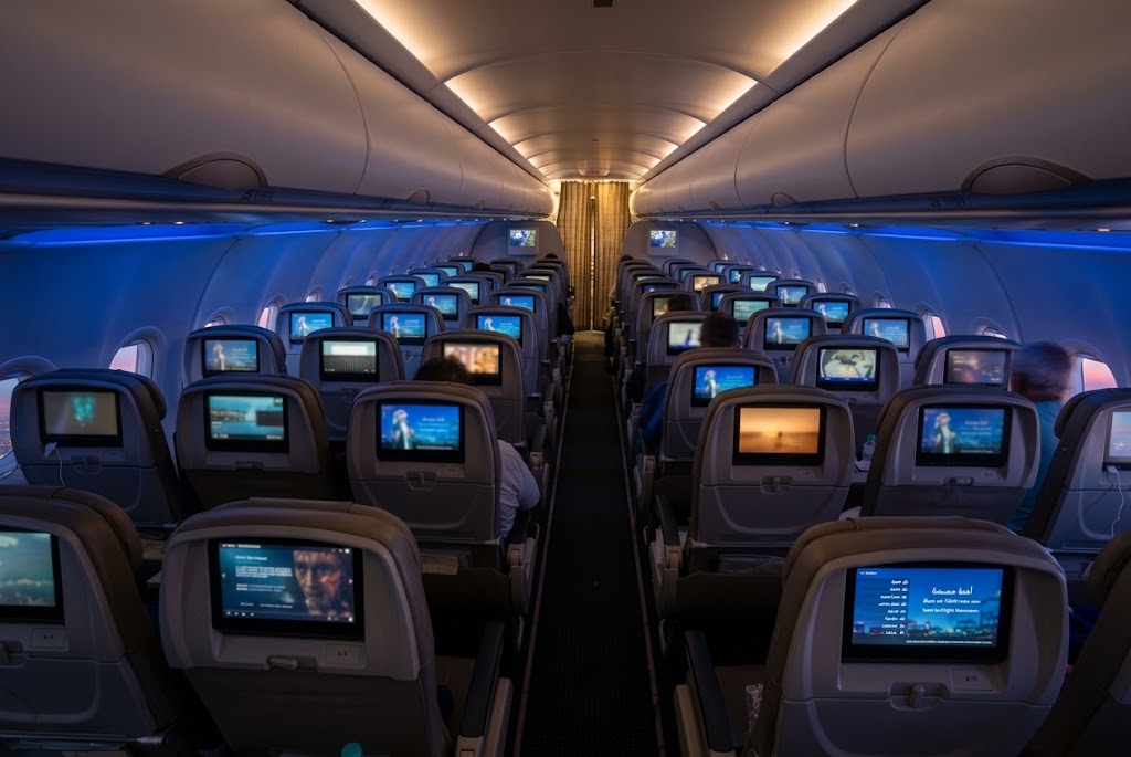 Saudia Airbus A320 Guest Class cabin, three-by-three seating with seatback screens