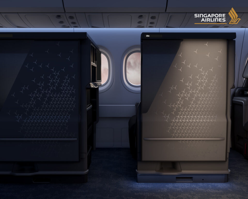 Singapore Airlines teaser render of its new cabin: two tall seat shells with privacy doors, one navy and one bronze, carrying a perforated geometric motif, beside the cabin windows