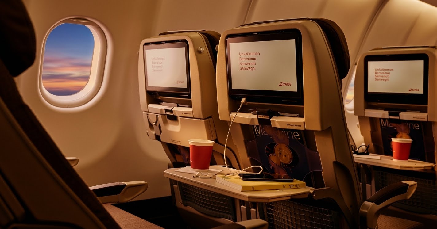 SWISS economy seats with seatback screens and a sunset through the window