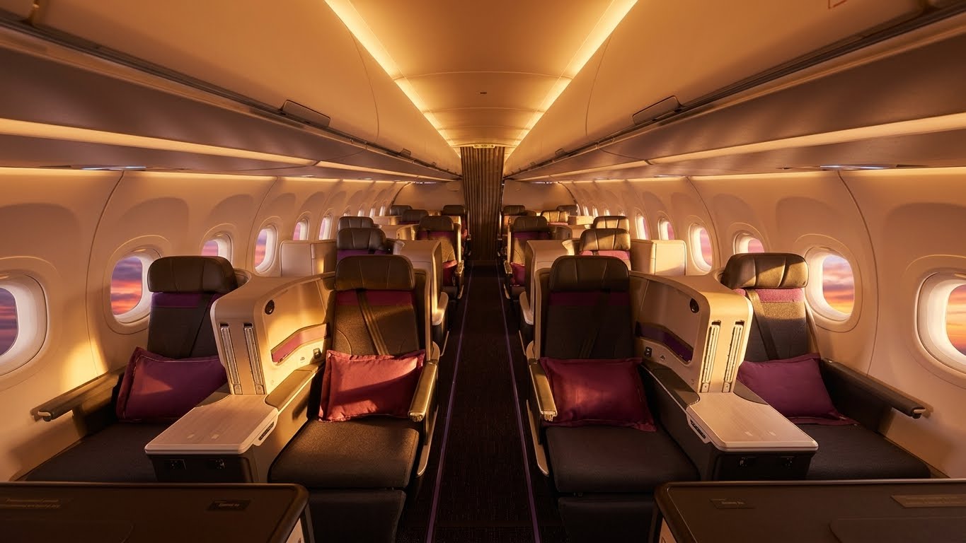 Thai Airways A321neo Royal Silk business cabin, seats with side consoles either side of a single aisle