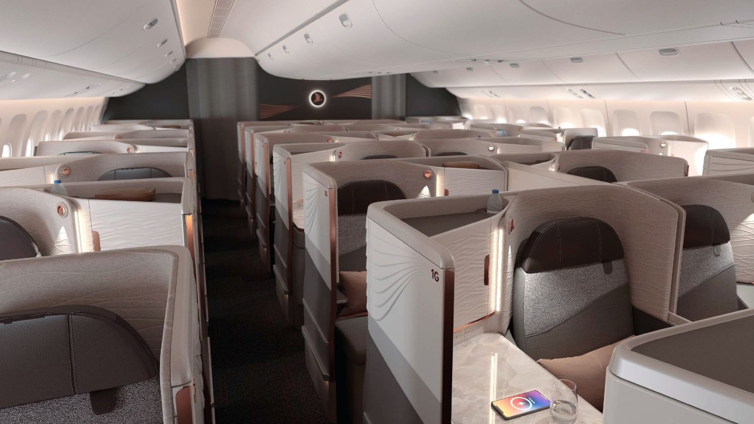 Turkish Airlines Crystal business class suites with privacy walls, in the airline’s launch render of the cabin