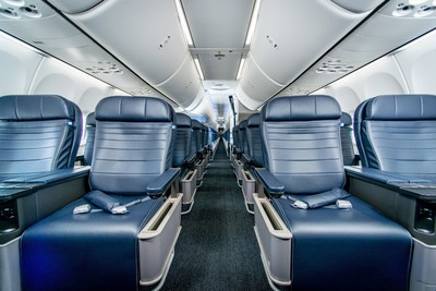United Airlines 737 MAX 9 First Class cabin interior showing Safran articulated cradle recliners