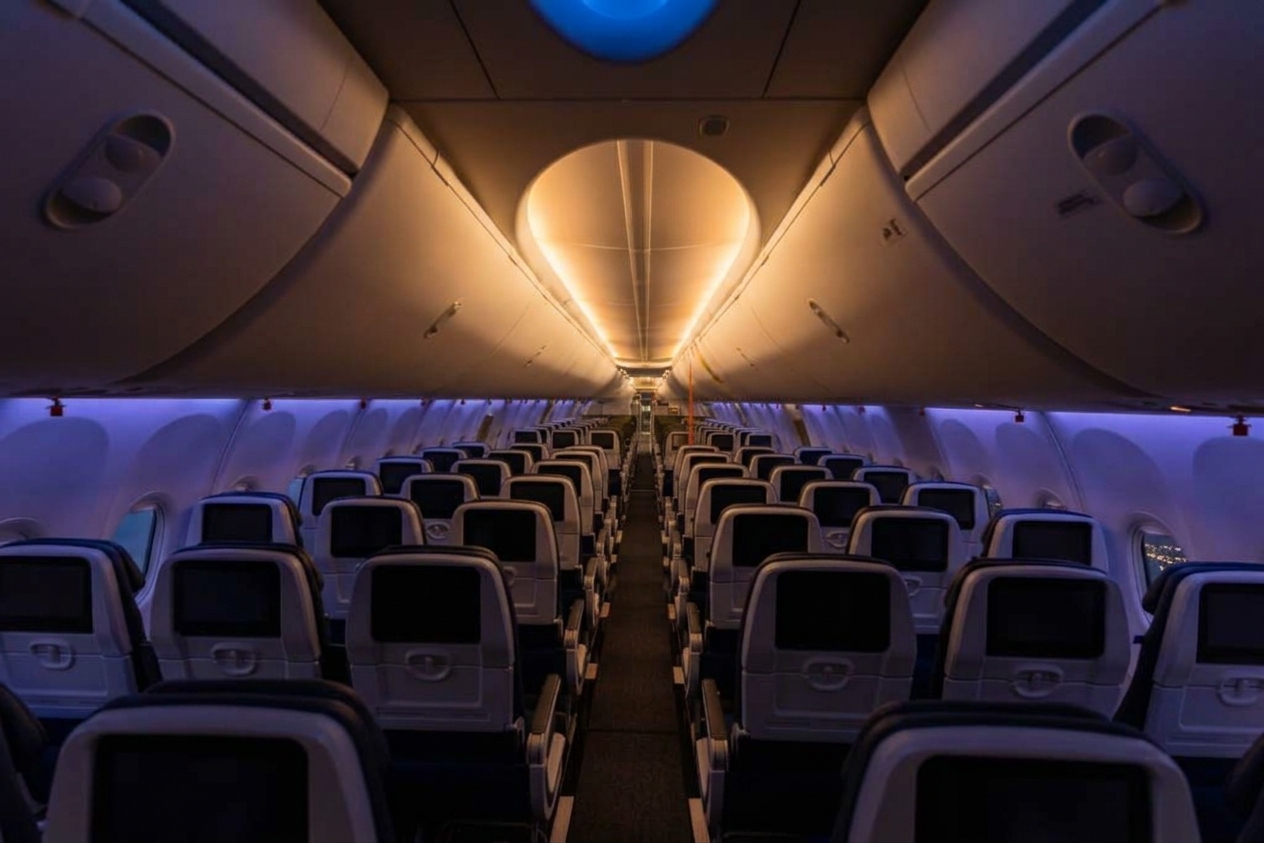 United 737 MAX economy cabin with seatback screens