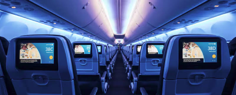 United Airlines A319 Economy cabin interior with United Next seatback screens