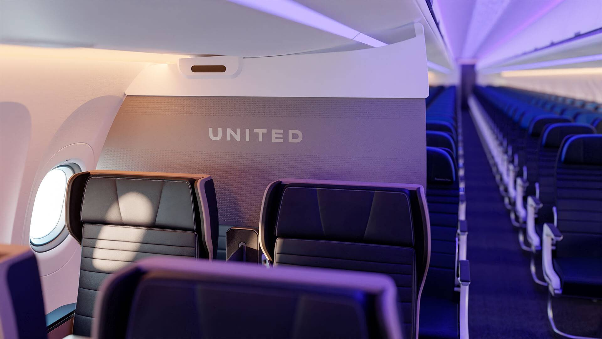United Airlines A321neo First Class cabin with Safran Z600 seats and United Next mood lighting