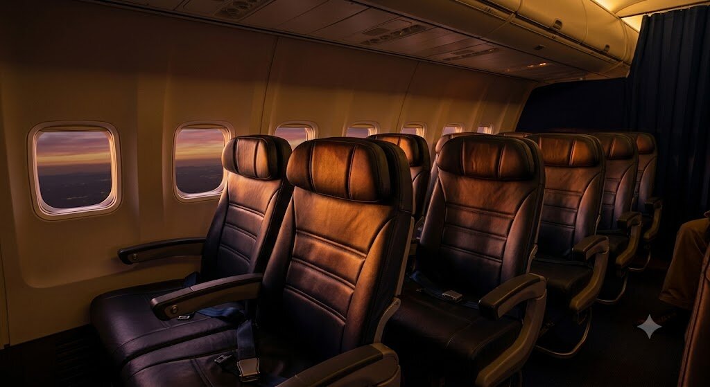 United Express Embraer 175 Main Cabin at sunset with brown leather seats and windows showing the horizon