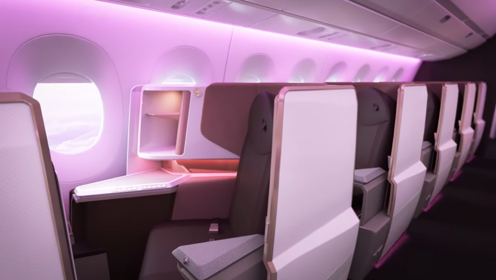 Virgin Atlantic Airbus A350-1000 Upper Class cabin with pink mood lighting