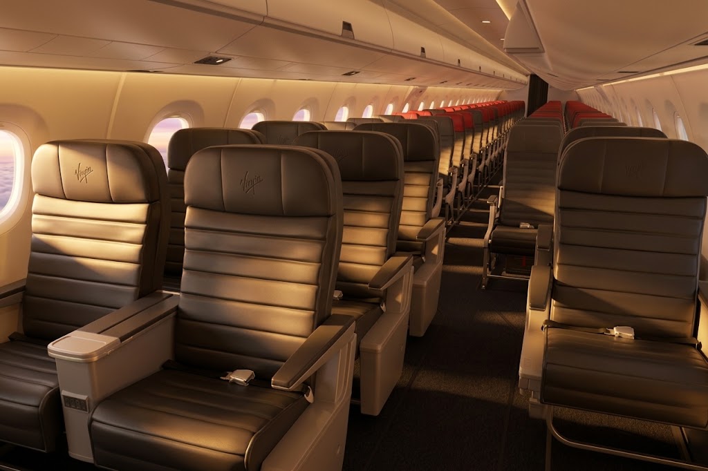 Virgin Australia Embraer 190-E2 cabin, Business leather seats in the foreground and the two-by-two economy cabin running aft