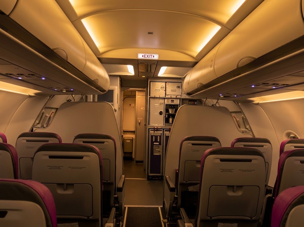 Airbus A321 cabin looking forward to the galley, 3-3 grey seats with magenta trim and no seatback screens