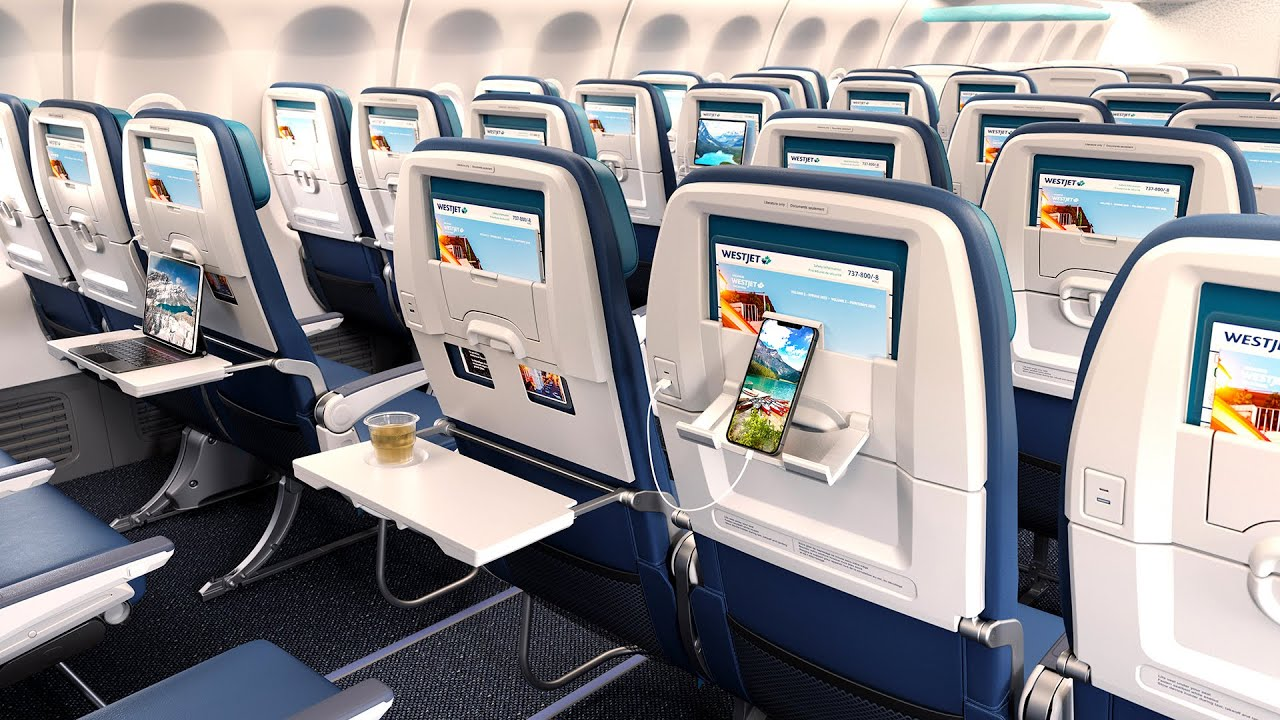 WestJet Boeing 737 MAX 8 Economy cabin with seatback tablet holders