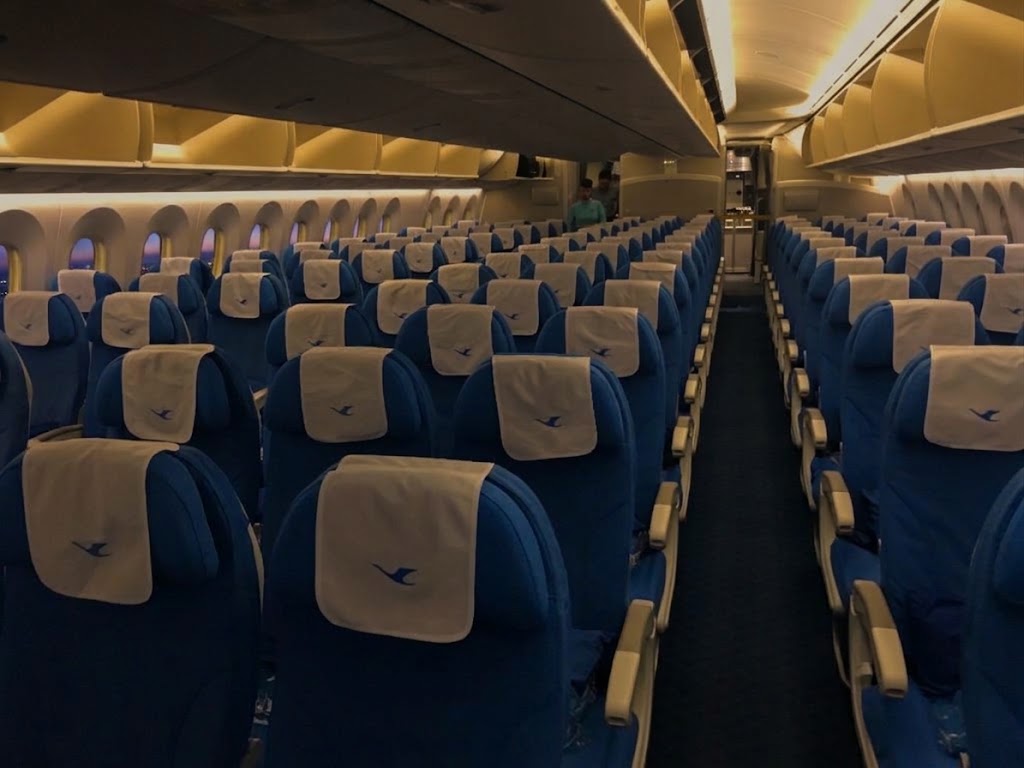 XiamenAir 787-8 economy cabin with blue 3-3-3 seats and egret headrest covers