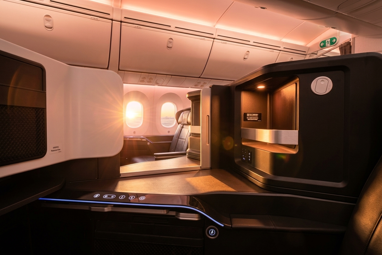 ZIPAIR Boeing 787-8 Full Flat seat beside the window, with its side shell and storage cabinet in sunset light