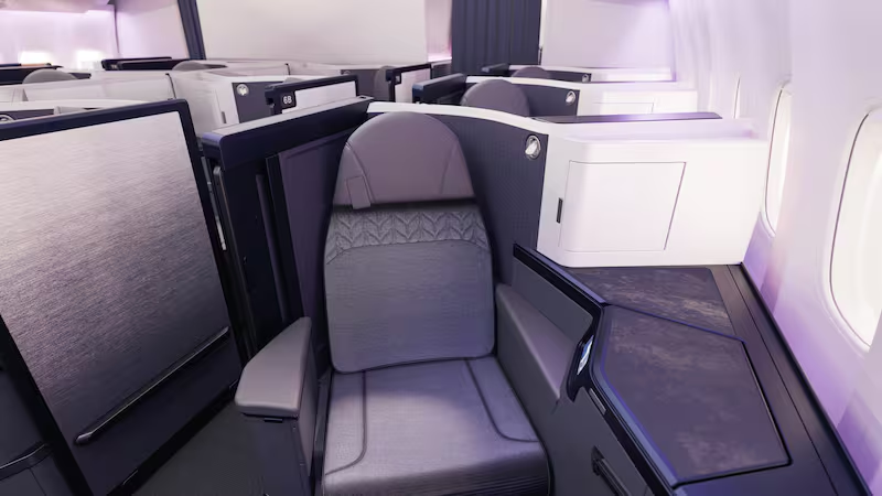 Air New Zealand's new 777-300ER Business Premier suite — Collins Elevation reverse-herringbone with privacy door