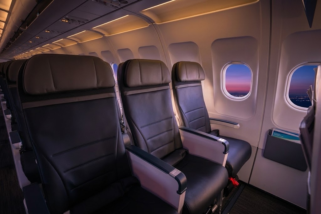 Alaska Airlines Boeing 737-700 economy cabin window seats at dusk
