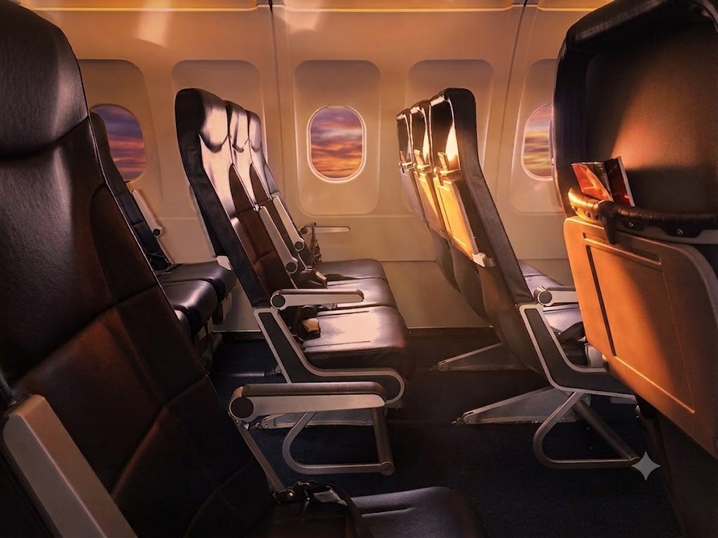 Allegiant Air Airbus A319 economy cabin interior in 3-3 layout with dark leather slimline seats