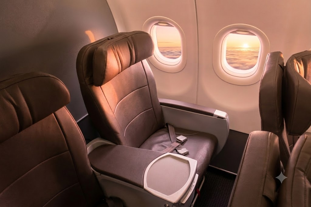 American Airlines A321 First Class recliner by the window with sunset light over the clouds