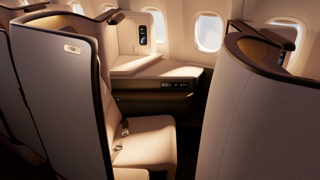 Cathay Pacific Aria Suite business class seat 15A on the Boeing 777-300ER with sliding door and 4K screen