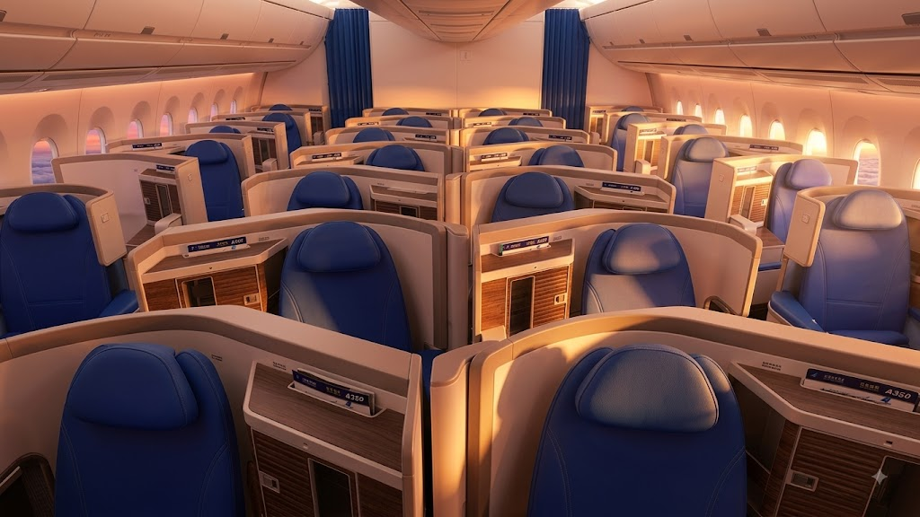 China Southern Airbus A350-900 Business Class cabin with blue staggered 1-2-1 seats