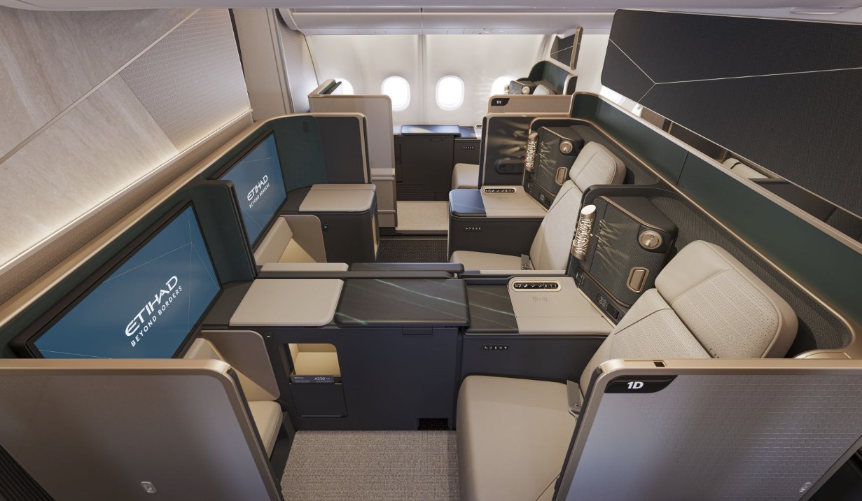 Etihad's new A330neo First cabin, a single row of four suites with doors and 32-inch screens