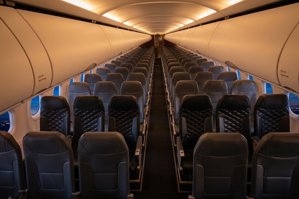 Frontier Airlines A321ceo economy cabin with black slimline seats