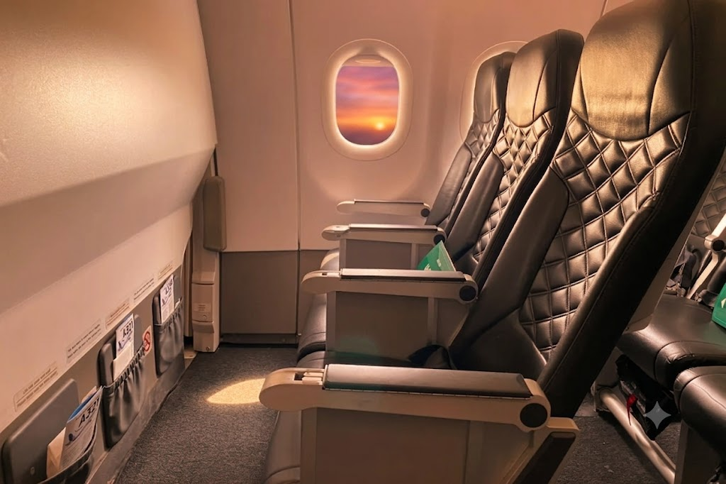 Frontier Airlines A321neo economy cabin window seat with diamond-stitched black leather