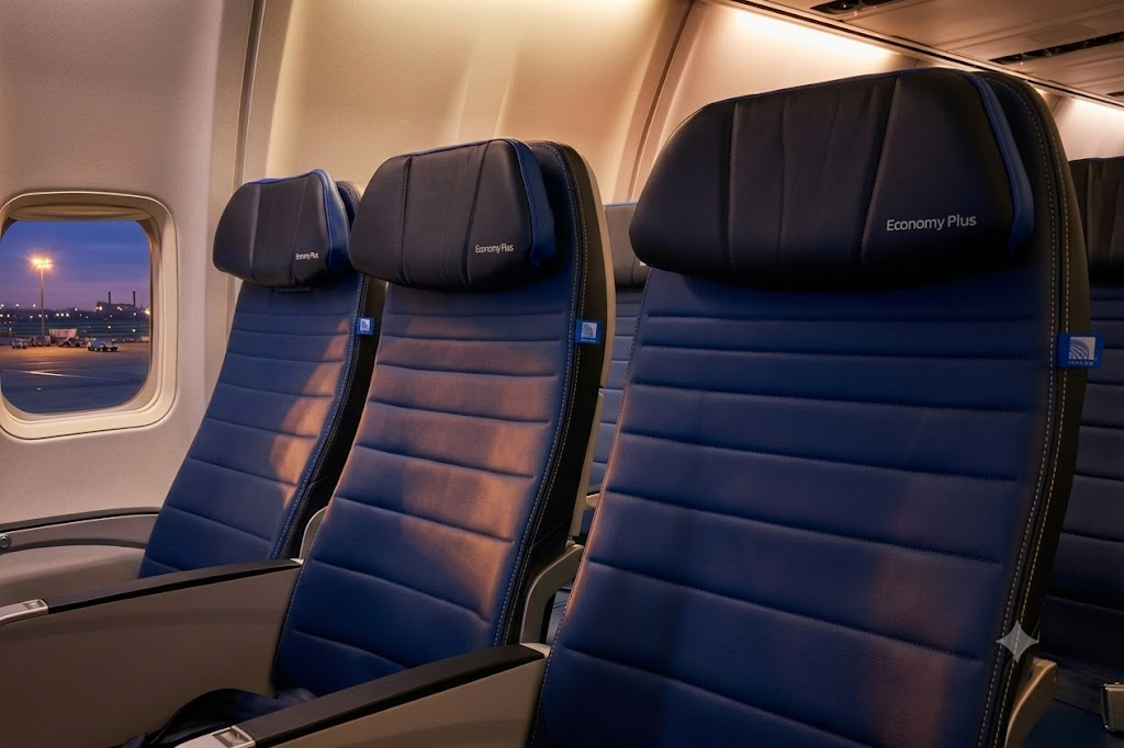 United Airlines 757-300 Economy Plus window seats in dark blue leather with Economy Plus embroidered headrests