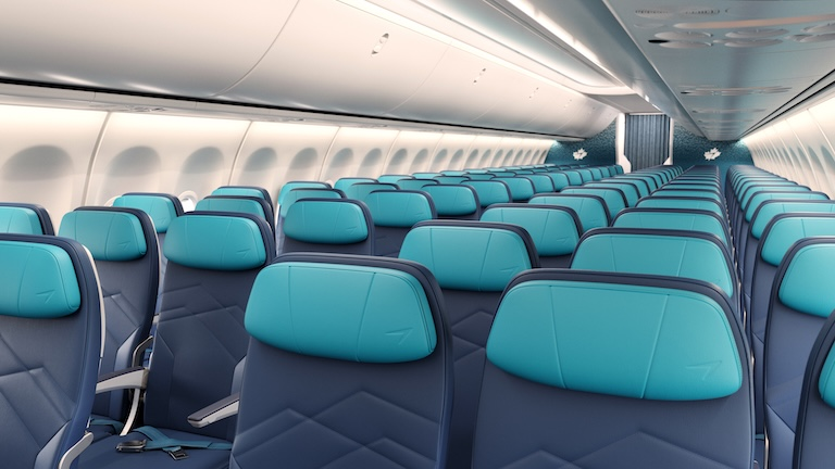 WestJet Boeing 737-800 Economy cabin interior with teal and navy seats