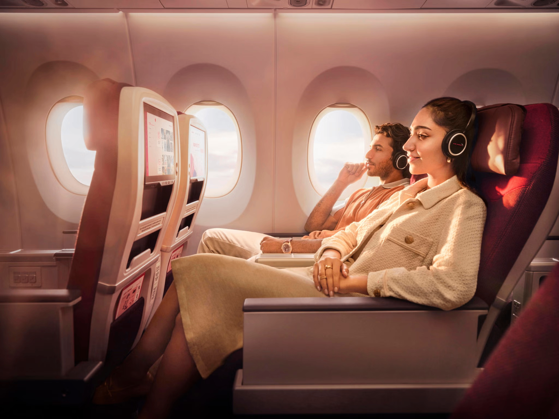 Air India passengers enjoying the new Elevate Ascent Business Class cabin on a Boeing 787