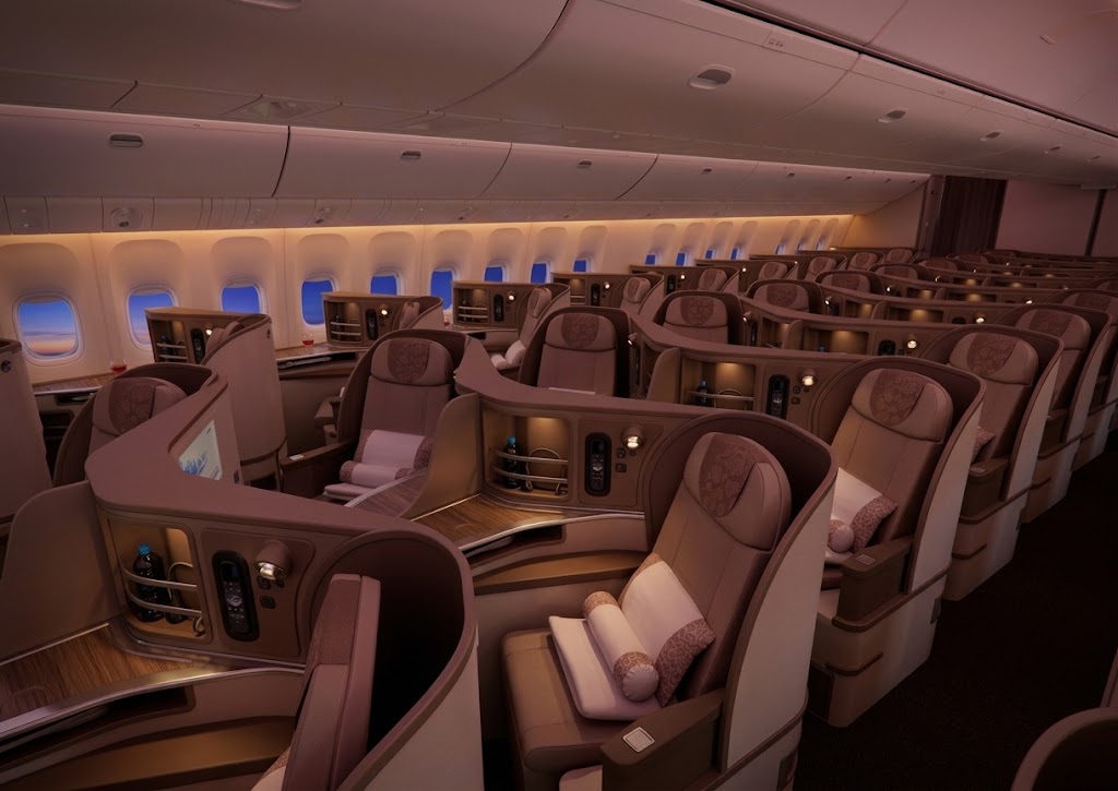 China Eastern Boeing 777-300ER Business Class cabin in a 1-2-1 reverse herringbone layout