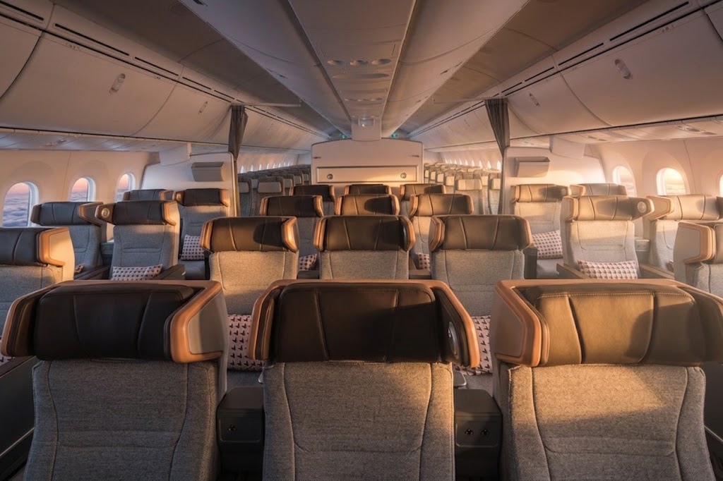 China Southern Boeing 787-9 cabin looking forward, grey and tan recliner seats under warm cabin lighting