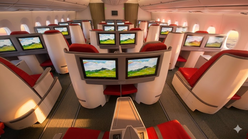 Ethiopian Airlines 787-8 Business Class cabin with red seats