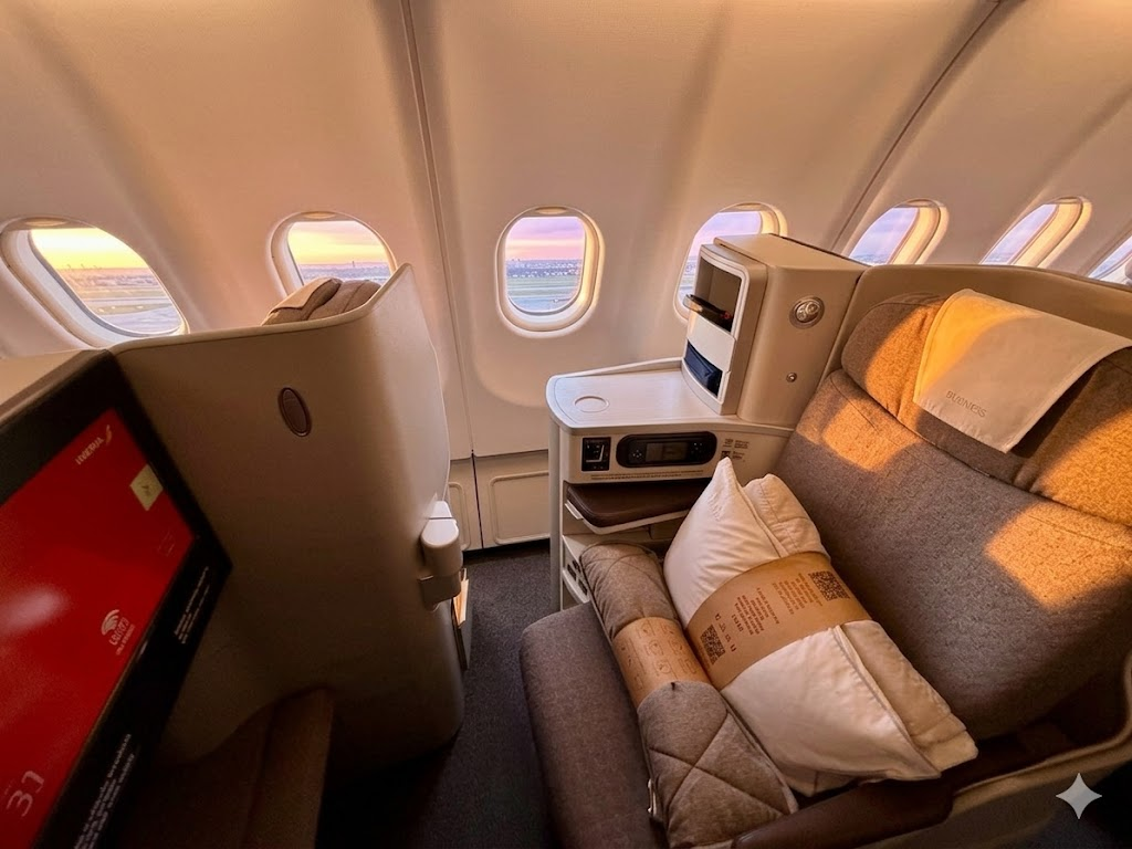 Iberia A330-300 Business Plus Stelia Solstys seat at sunset