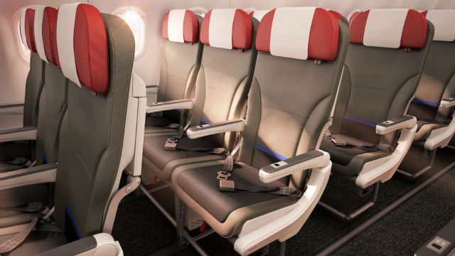 LATAM economy cabin on the Airbus A320, showing the slimline seats and red and white headrests