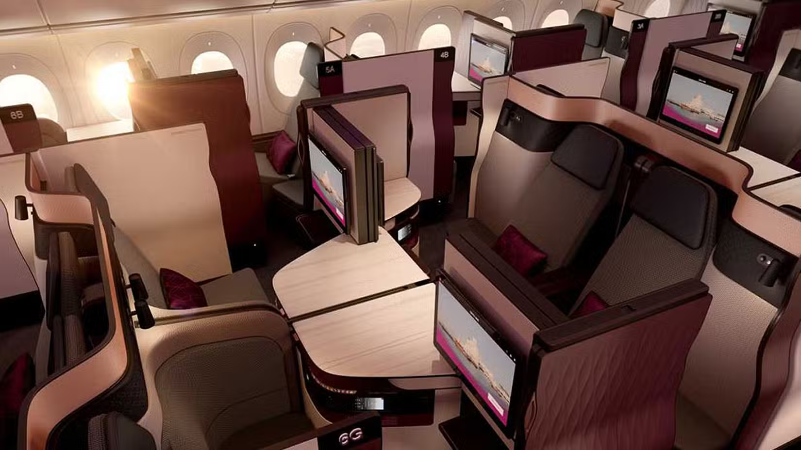 Qatar Airways Qsuite Business Class cabin — the version you hope to get in the version lottery
